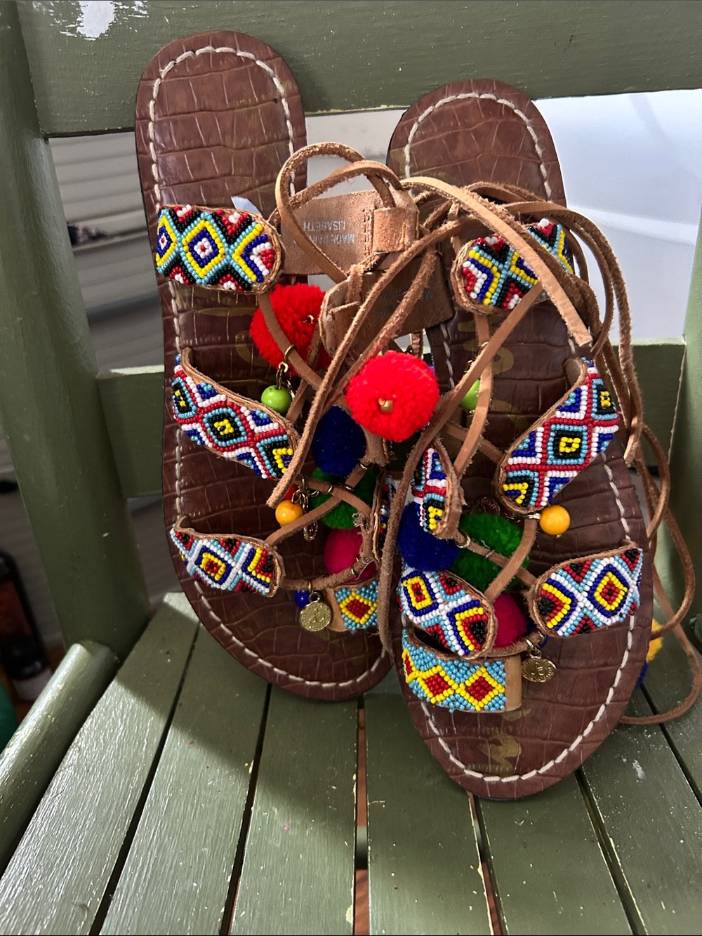 Sam Edelman Brown Beaded Pom Pom Gladiator Sandals